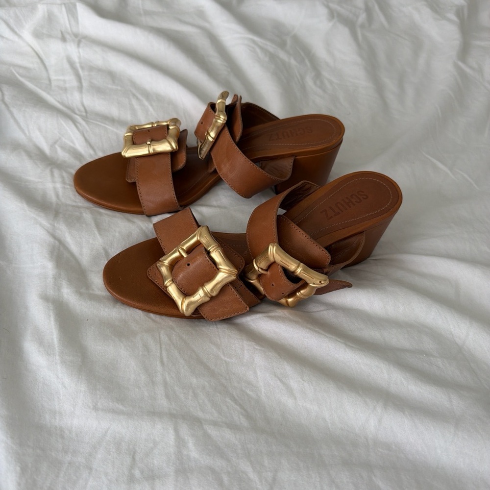 SCHUTZ Brown Leather Mules with Gold Buckles